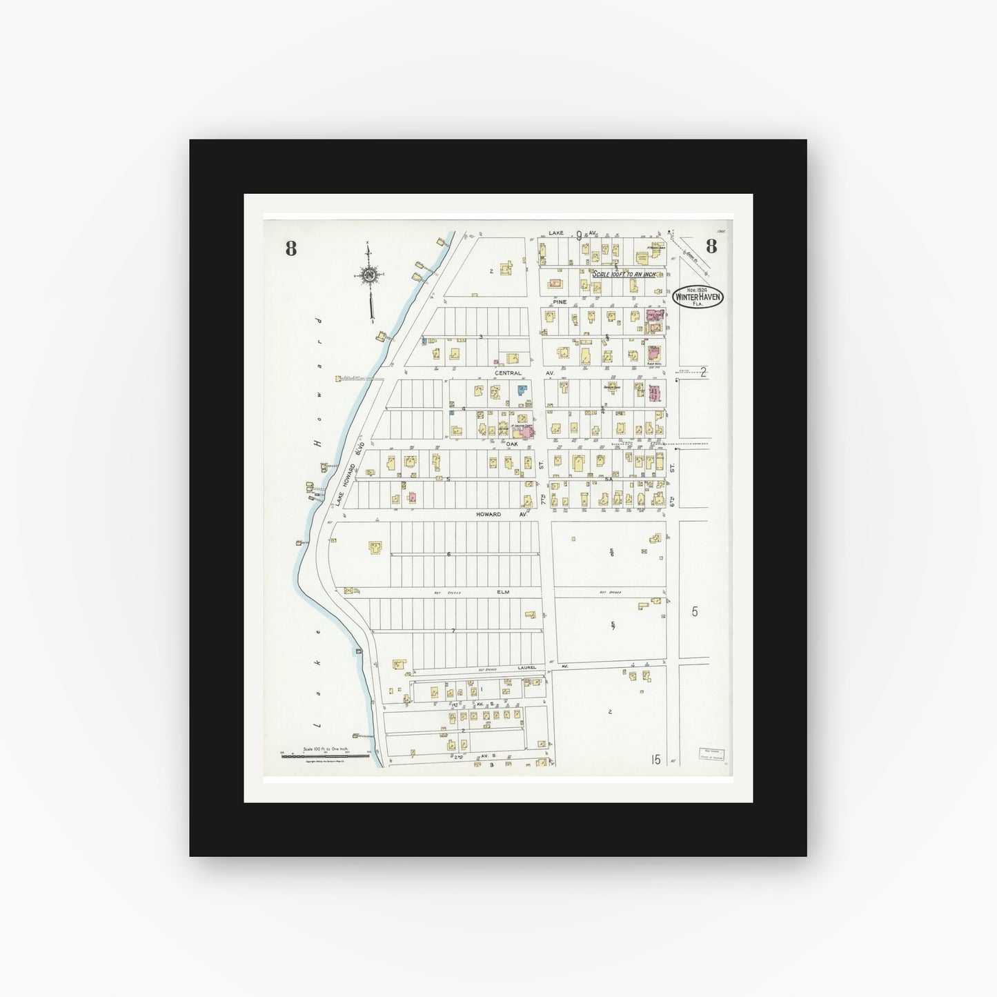 Old map wall art mockup — black gallery frame with white mat — Sanborn Fire Insurance Map from Winter Haven, Polk County, Florida (1924), Sheet #0008