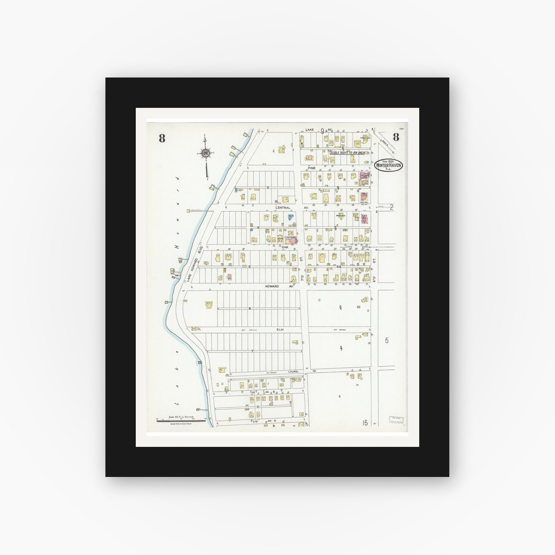 Old map wall art mockup — black gallery frame with white mat — Sanborn Fire Insurance Map from Winter Haven, Polk County, Florida (1924), Sheet #0008