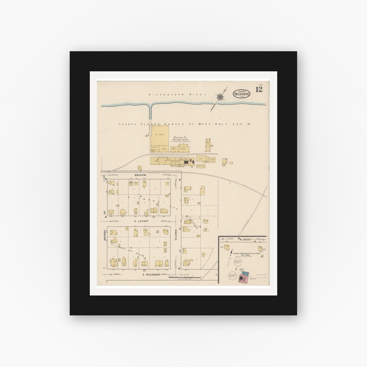 Old map wall art mockup — black gallery frame with white mat — Sanborn Fire Insurance Map from Belvidere, Boone County, Illinois (1922), Sheet #0012