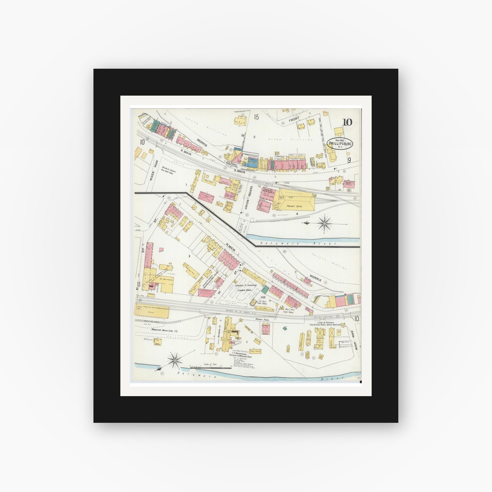 Old map wall art mockup — black gallery frame with white mat — Sanborn Fire Insurance Map from Phillipsburg, Warren County, New Jersey (1903), Sheet #0010