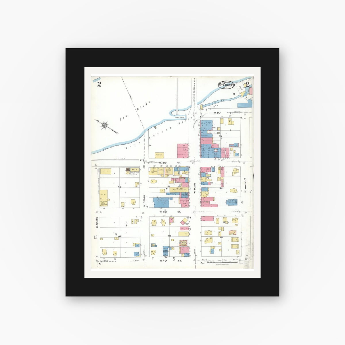 Old map wall art mockup — black gallery frame with white mat — Sanborn Fire Insurance Map from Saint Charles, Kane County, Illinois (1923), Sheet #0002
