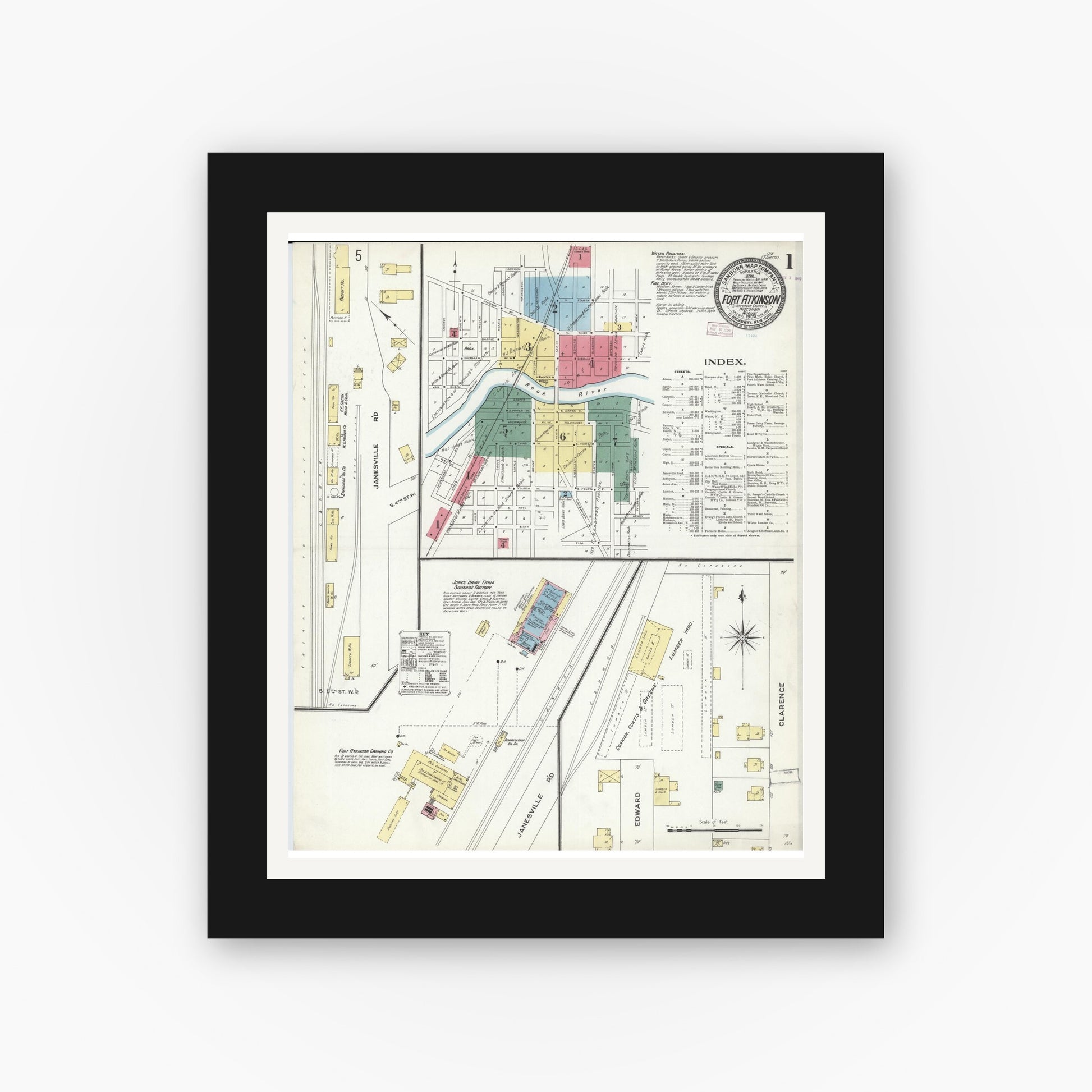 Old map wall art mockup — black gallery frame with white mat — Sanborn Fire Insurance Map from Fort Atkinson, Jefferson County, Wisconsin (1909), Sheet #0001