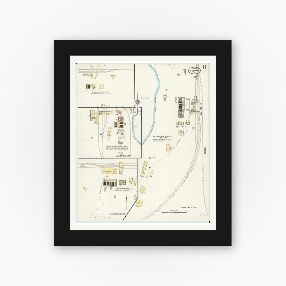 Old map wall art mockup — black gallery frame with white mat — Sanborn Fire Insurance Map from Herrin, Williamson County, Illinois (1909), Sheet #0008