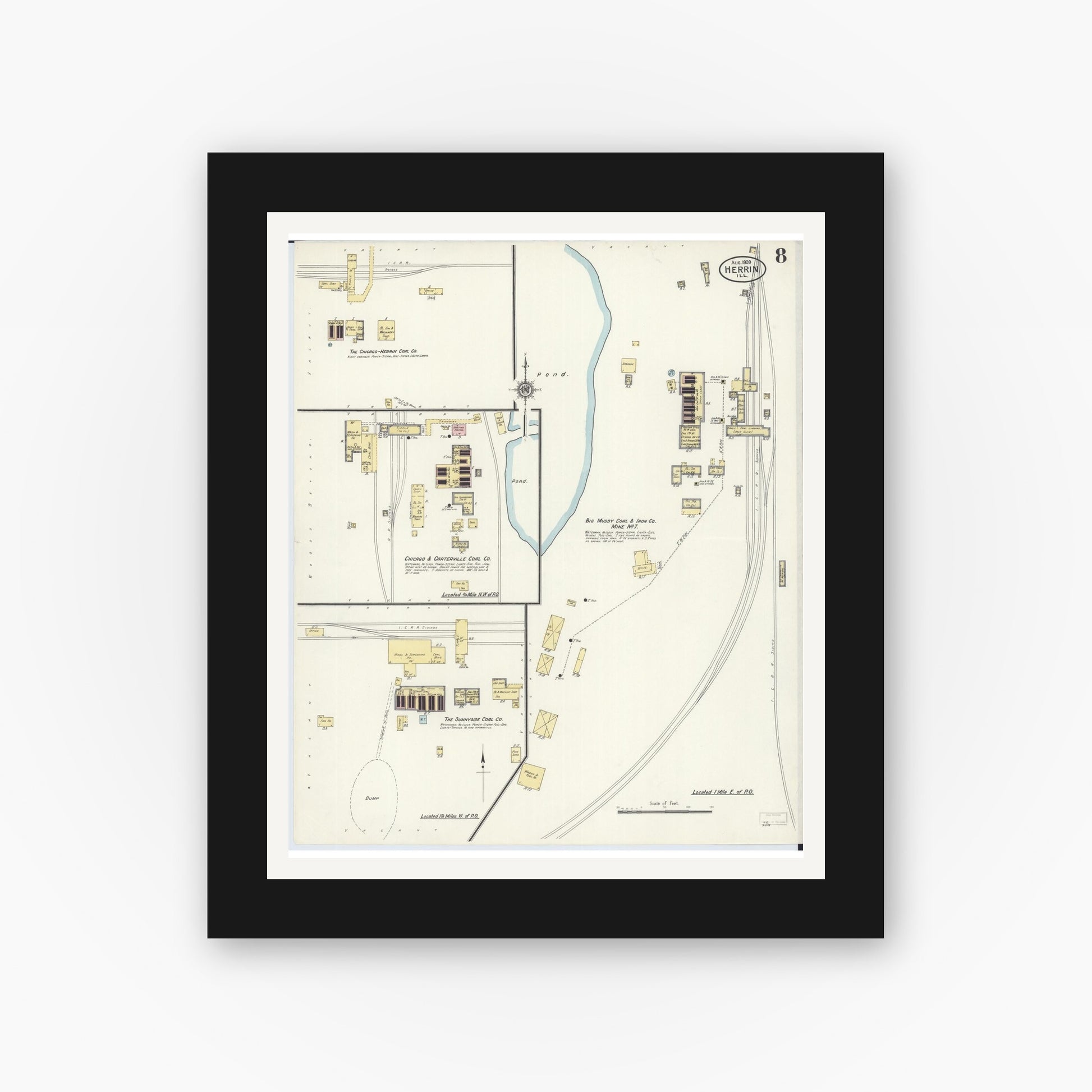 Old map wall art mockup — black gallery frame with white mat — Sanborn Fire Insurance Map from Herrin, Williamson County, Illinois (1909), Sheet #0008