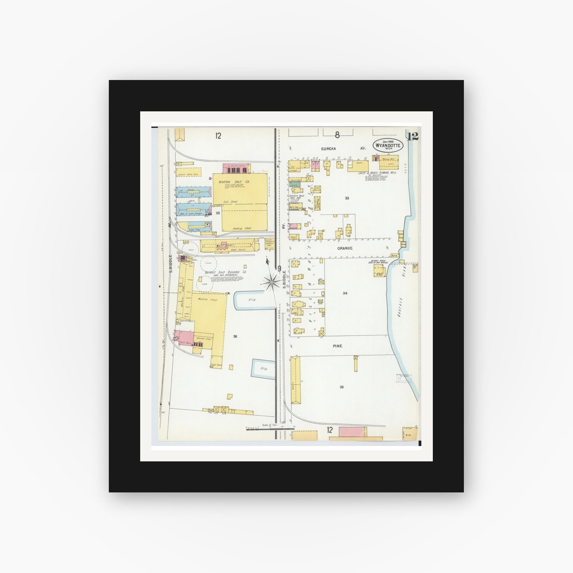 Old map wall art mockup — black gallery frame with white mat — Sanborn Fire Insurance Map from Wyandotte, Wayne County, Michigan (1900), Sheet #0012