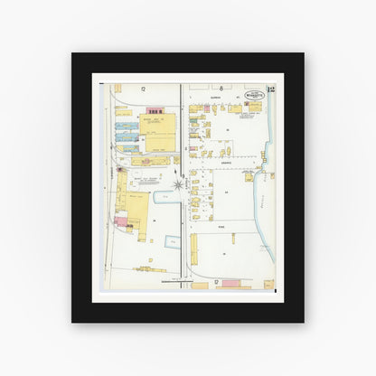 Old map wall art mockup — black gallery frame with white mat — Sanborn Fire Insurance Map from Wyandotte, Wayne County, Michigan (1900), Sheet #0012