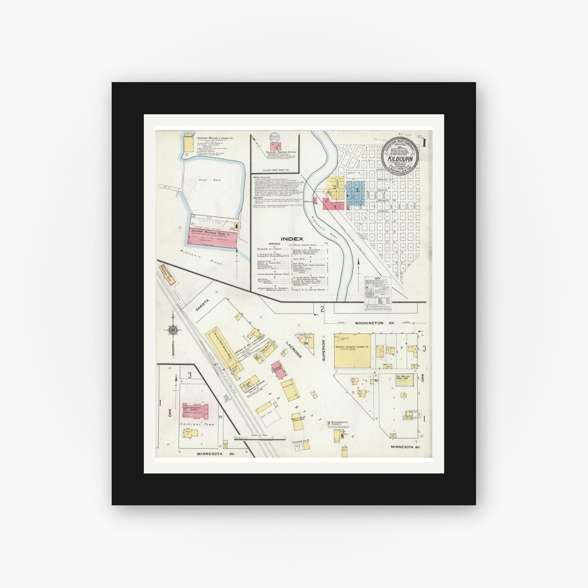 Old map wall art mockup — black gallery frame with white mat — Sanborn Fire Insurance Map from Kilbourn, Columbia County, Wisconsin (1909), Sheet #0001