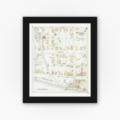 Old map wall art mockup — black gallery frame with white mat — Sanborn Fire Insurance Map from Cambridge, Guernsey County, Ohio (1901), Sheet #0005