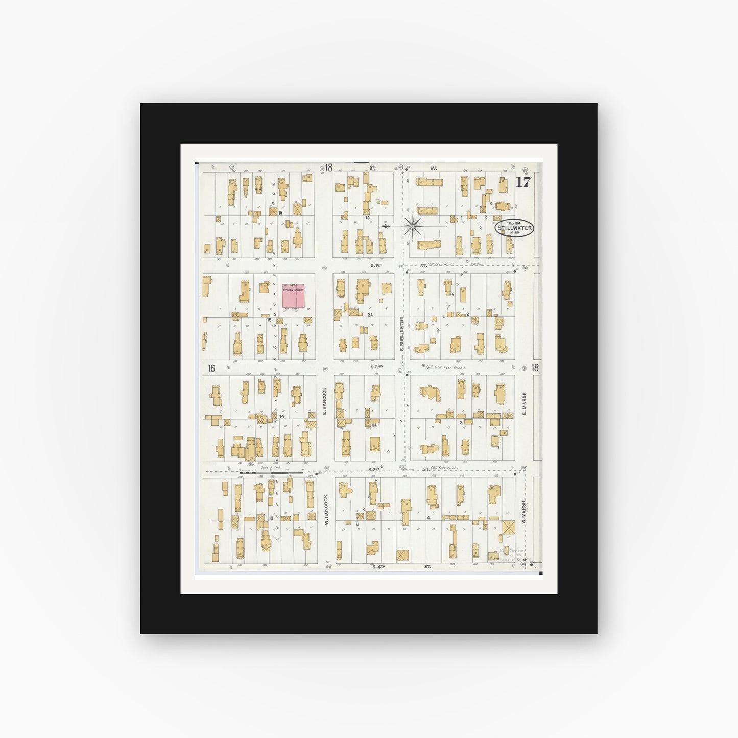 Old map wall art mockup — black gallery frame with white mat — Sanborn Fire Insurance Map from Stillwater, Washington County, Minnesota (1904), Sheet #0017