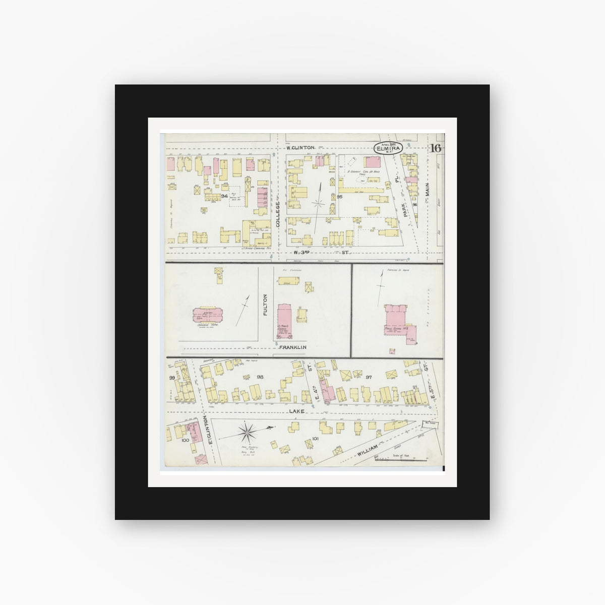 Old map wall art mockup — black gallery frame with white mat — Sanborn Fire Insurance Map from Elmira, Chemung County, New York (1892), Sheet #0016