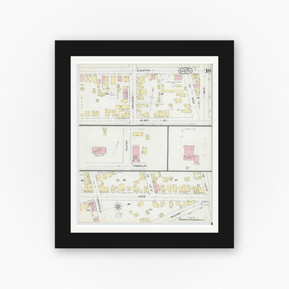 Old map wall art mockup — black gallery frame with white mat — Sanborn Fire Insurance Map from Elmira, Chemung County, New York (1892), Sheet #0016