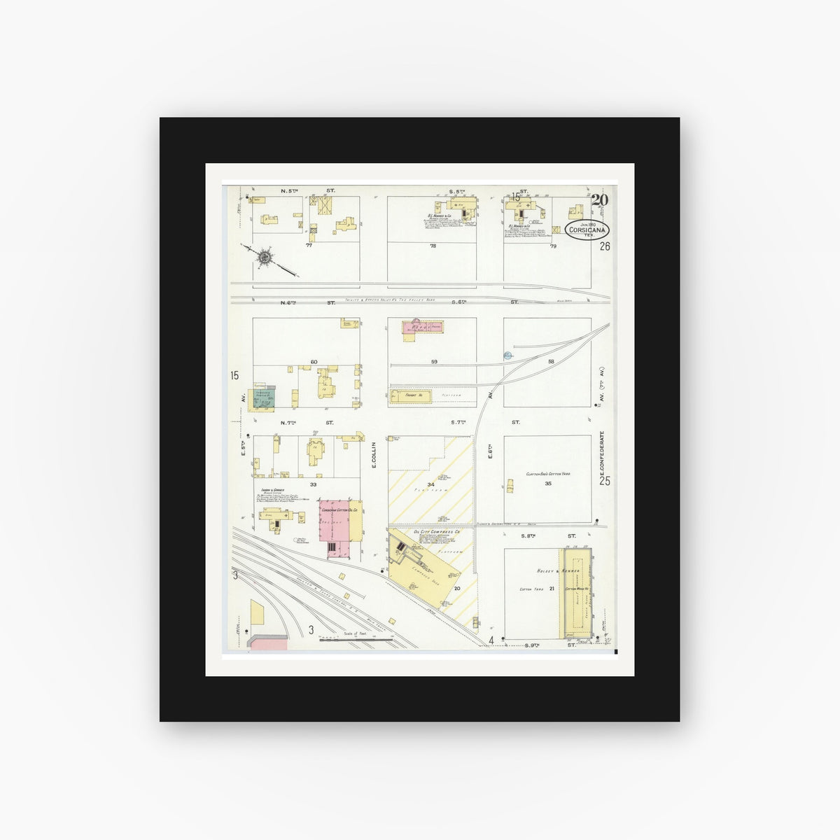 Old map wall art mockup — black gallery frame with white mat — Sanborn Map from Corsicana, Navarro County, Texas (1910), Sheet #0020