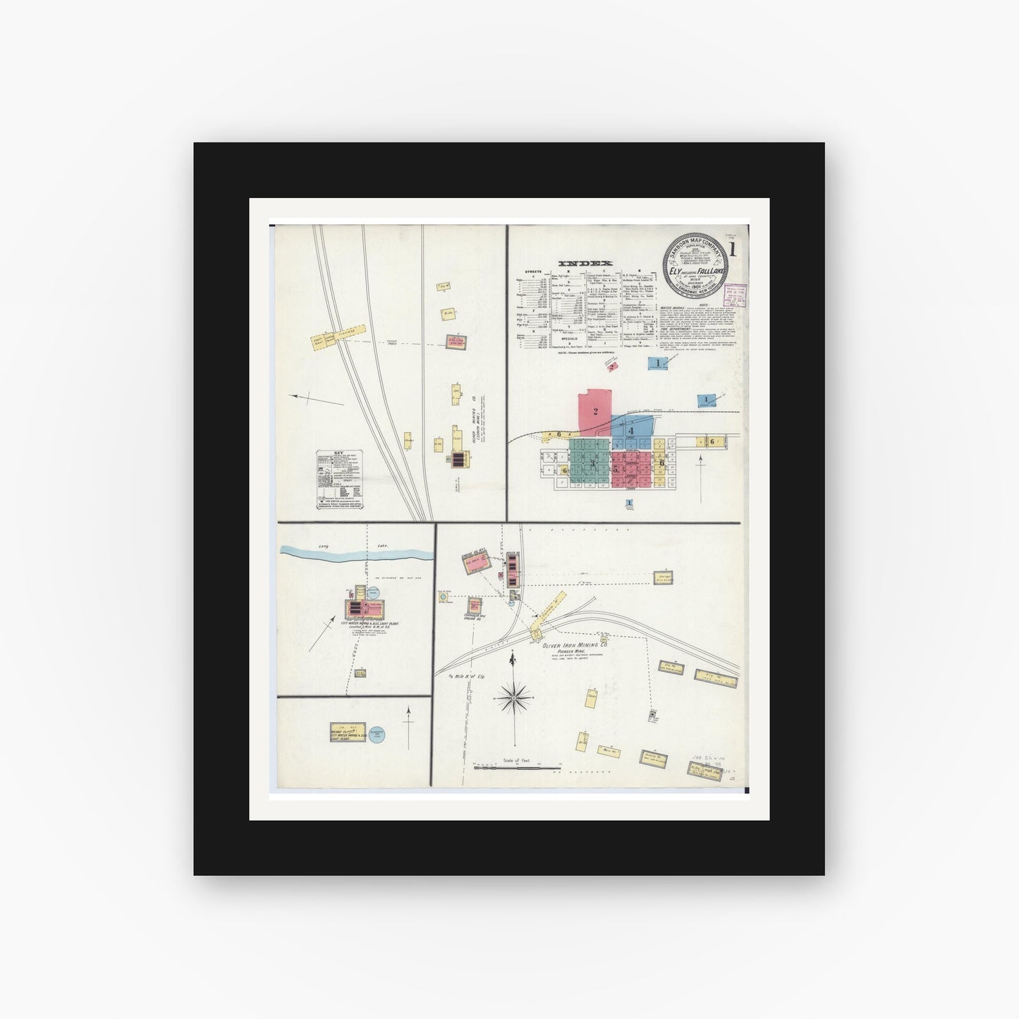 Old map wall art mockup — black gallery frame with white mat — Sanborn Fire Insurance Map from Ely, Saint Louis County, Minnesota (1906) - Complete Map Set