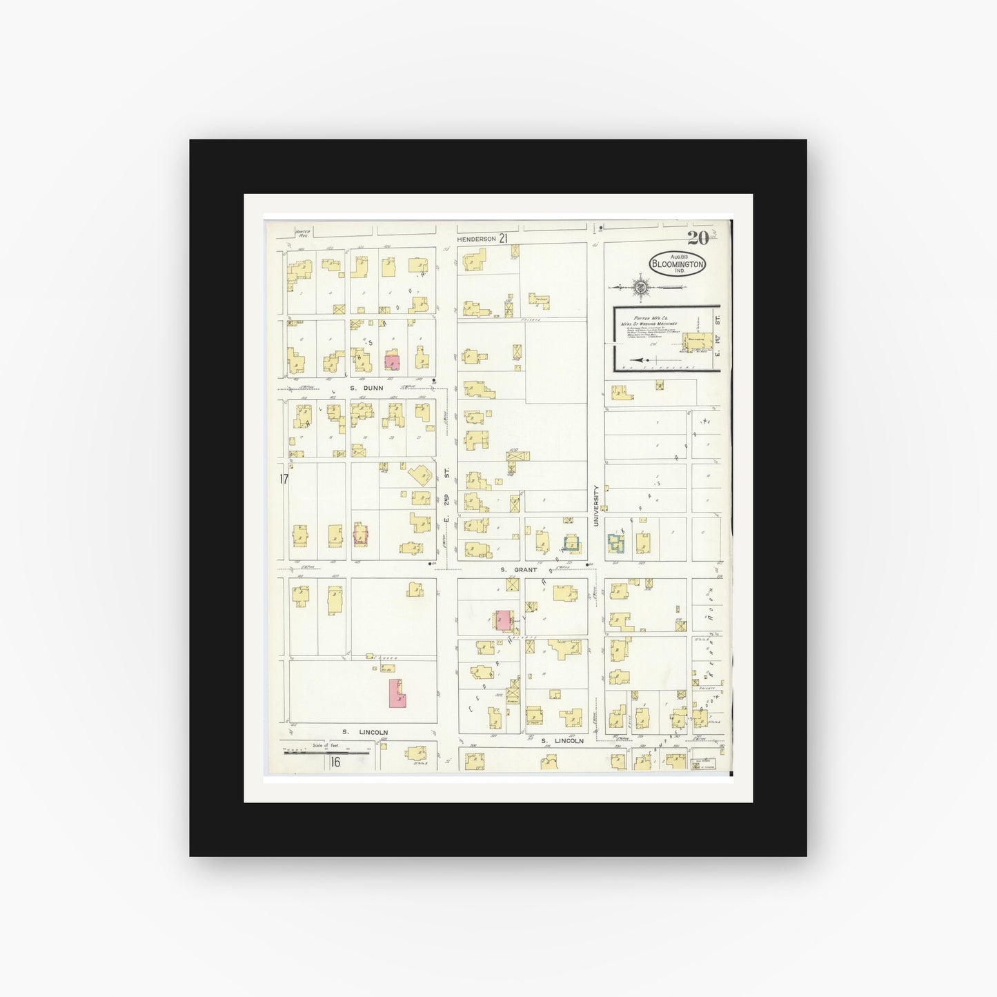 Old map wall art mockup — black gallery frame with white mat — Sanborn Fire Insurance Map from Bloomington, Monroe County, Indiana (1913), Sheet #0020