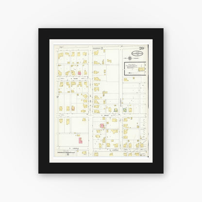 Old map wall art mockup — black gallery frame with white mat — Sanborn Fire Insurance Map from Bloomington, Monroe County, Indiana (1913), Sheet #0020
