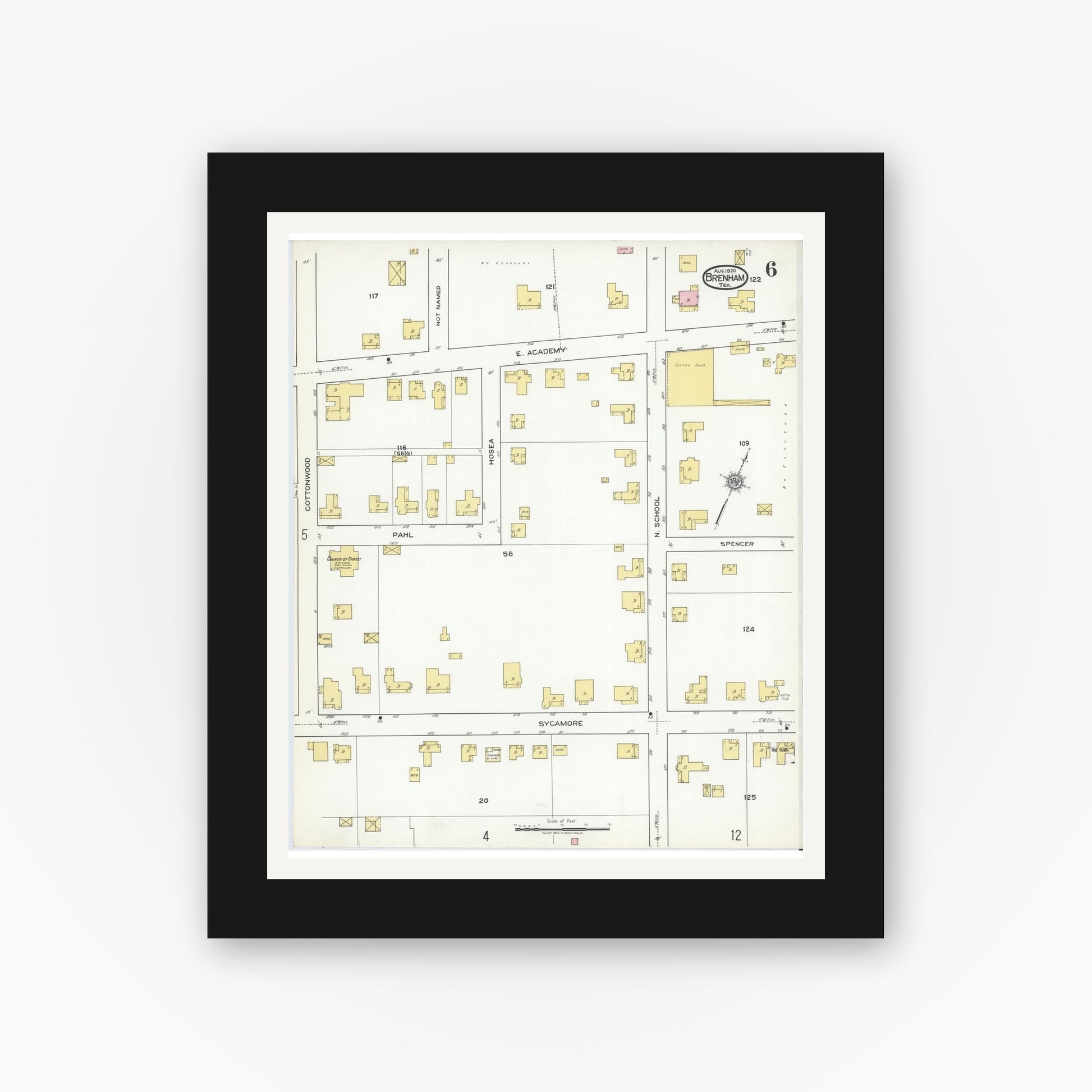 Old map wall art mockup — black gallery frame with white mat — Sanborn Fire Insurance Map from Brenham, Washington County, Texas (1920), Sheet #0006
