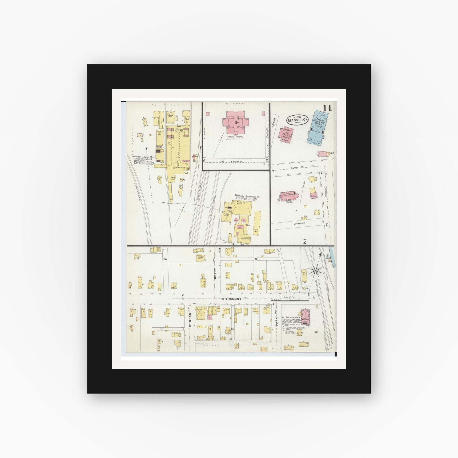 Old map wall art mockup — black gallery frame with white mat — Sanborn Fire Insurance Map from Massillon, Stark County, Ohio (1896), Sheet #0011