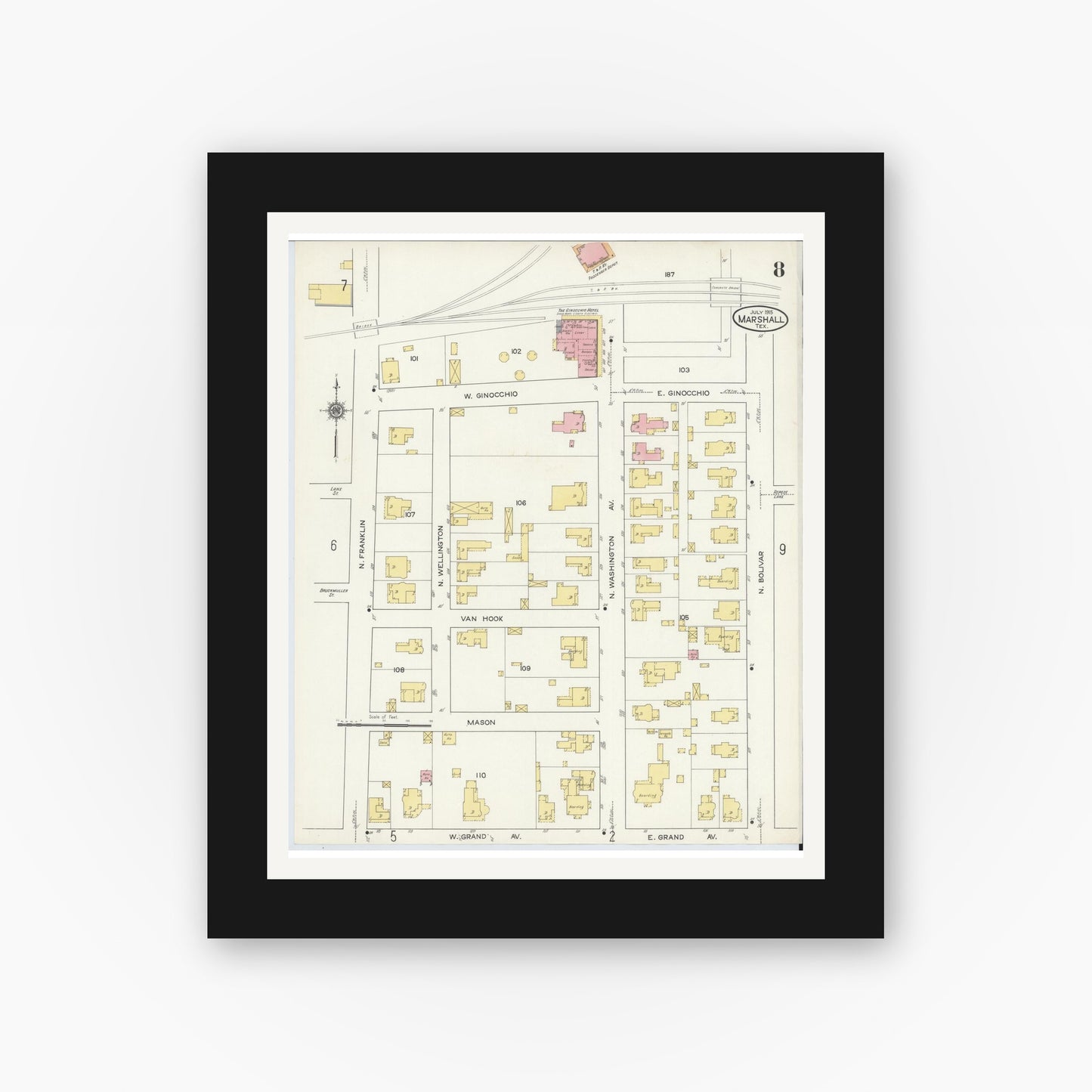 Old map wall art mockup — black gallery frame with white mat — Sanborn Fire Insurance Map from Marshall, Harrison County, Texas (1915), Sheet #0008