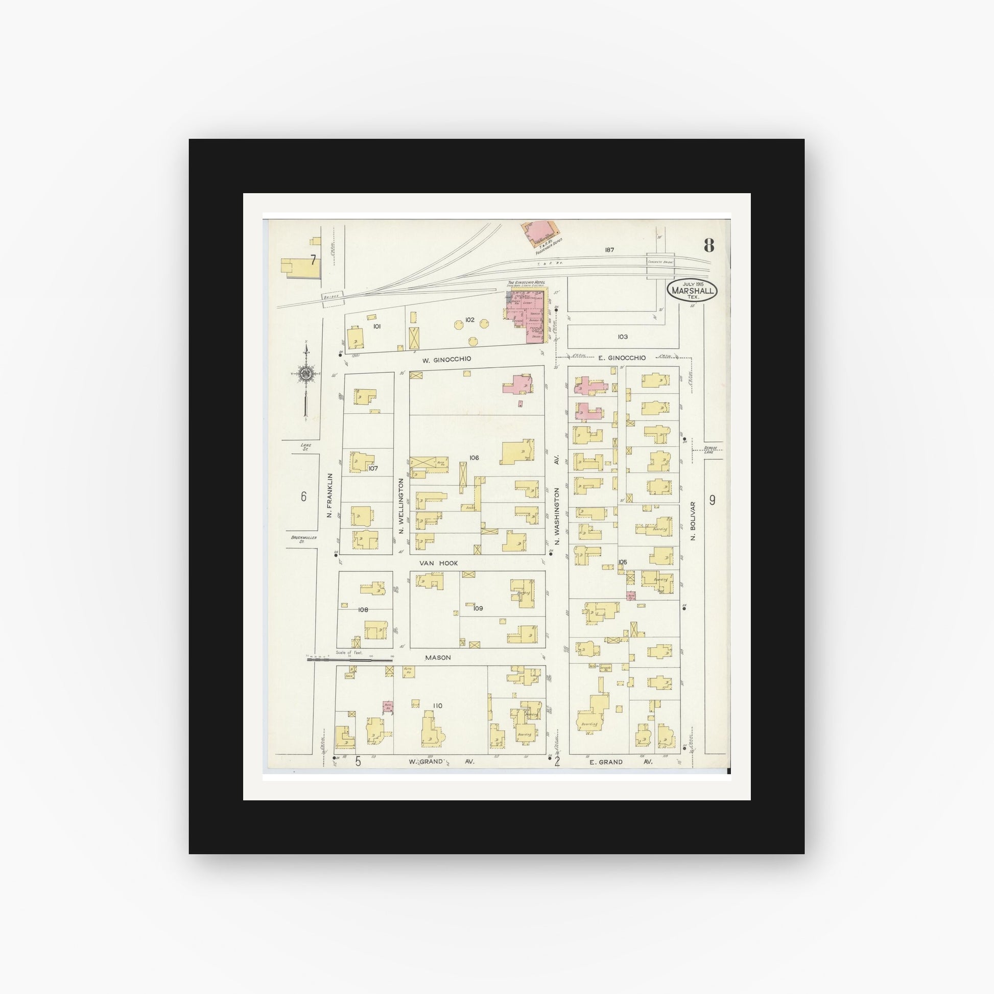 Old map wall art mockup — black gallery frame with white mat — Sanborn Fire Insurance Map from Marshall, Harrison County, Texas (1915), Sheet #0008