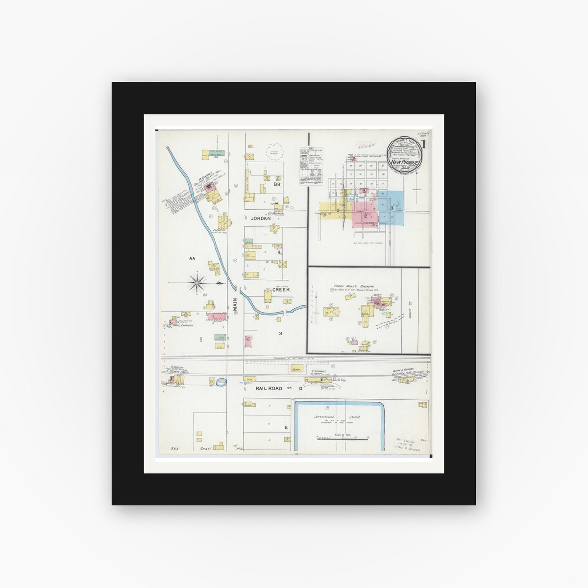 Old map wall art mockup — black gallery frame with white mat — Sanborn Fire Insurance Map from New Prague, Scott And Le Sueur, Minnesota (1892) - Complete Map Set