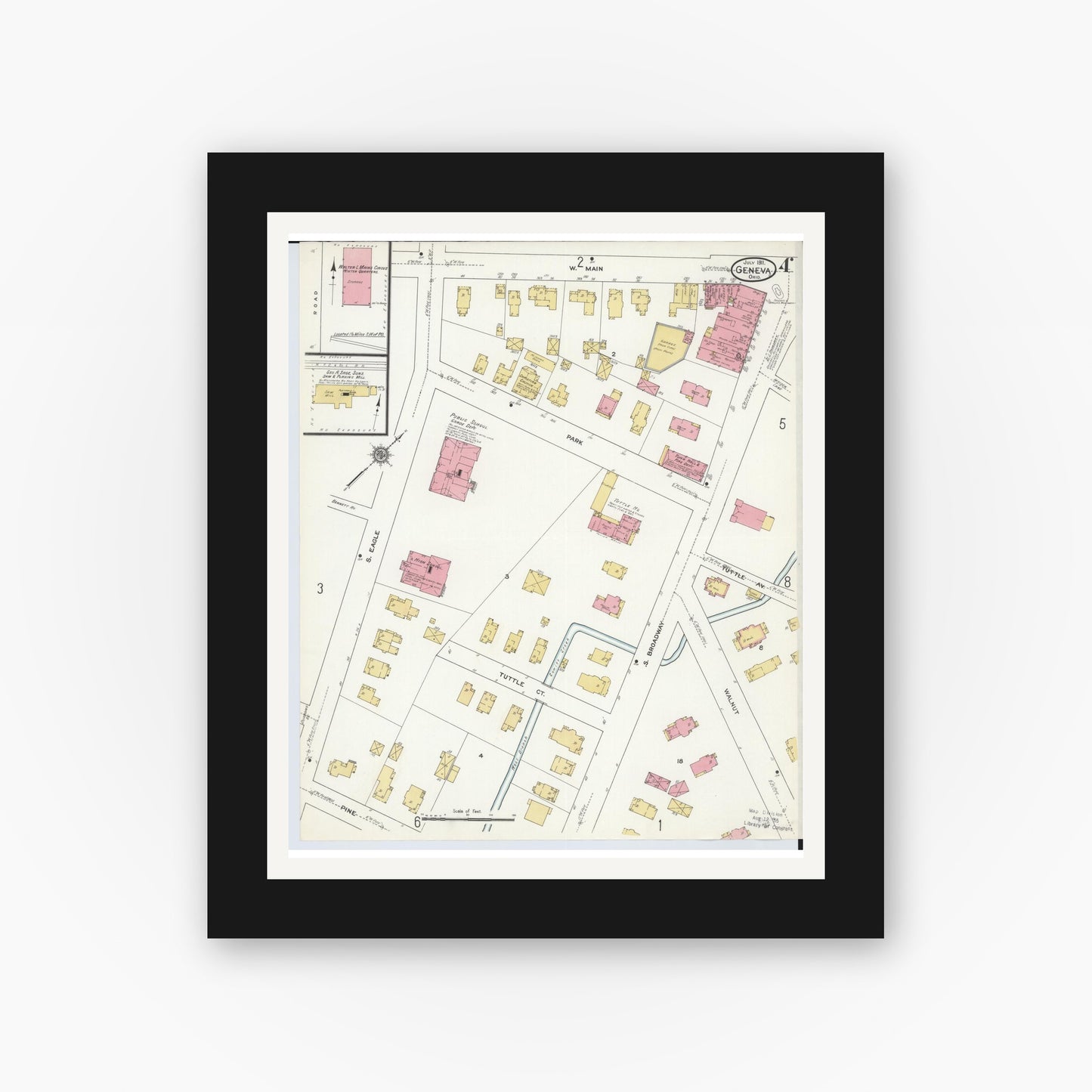 Old map wall art mockup — black gallery frame with white mat — Sanborn Fire Insurance Map from Geneva, Ashtabula County, Ohio (1911), Sheet #0004