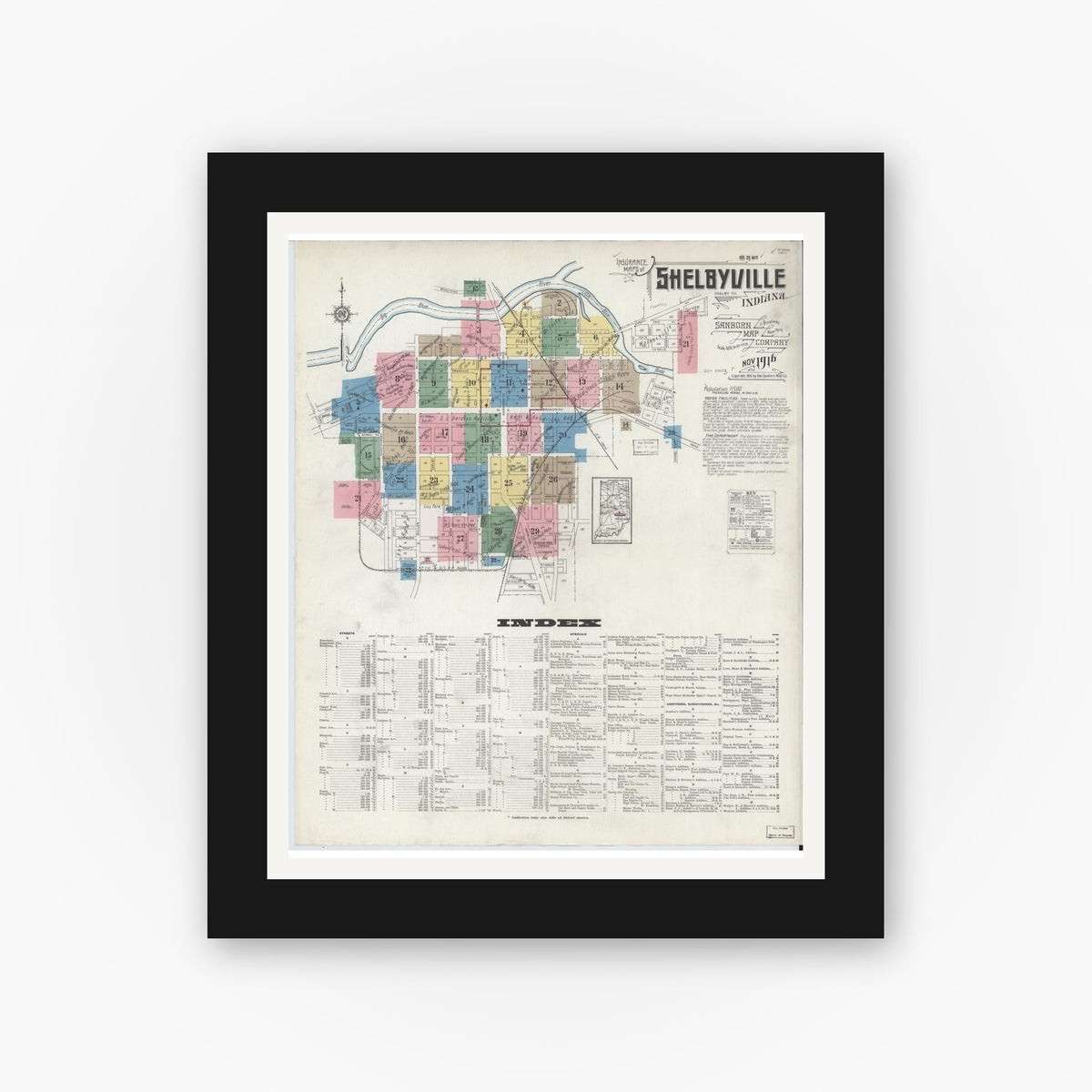Old map wall art mockup — black gallery frame with white mat — Sanborn Fire Insurance Map from Shelbyville, Shelby County, Indiana (1916) - Complete Map Set