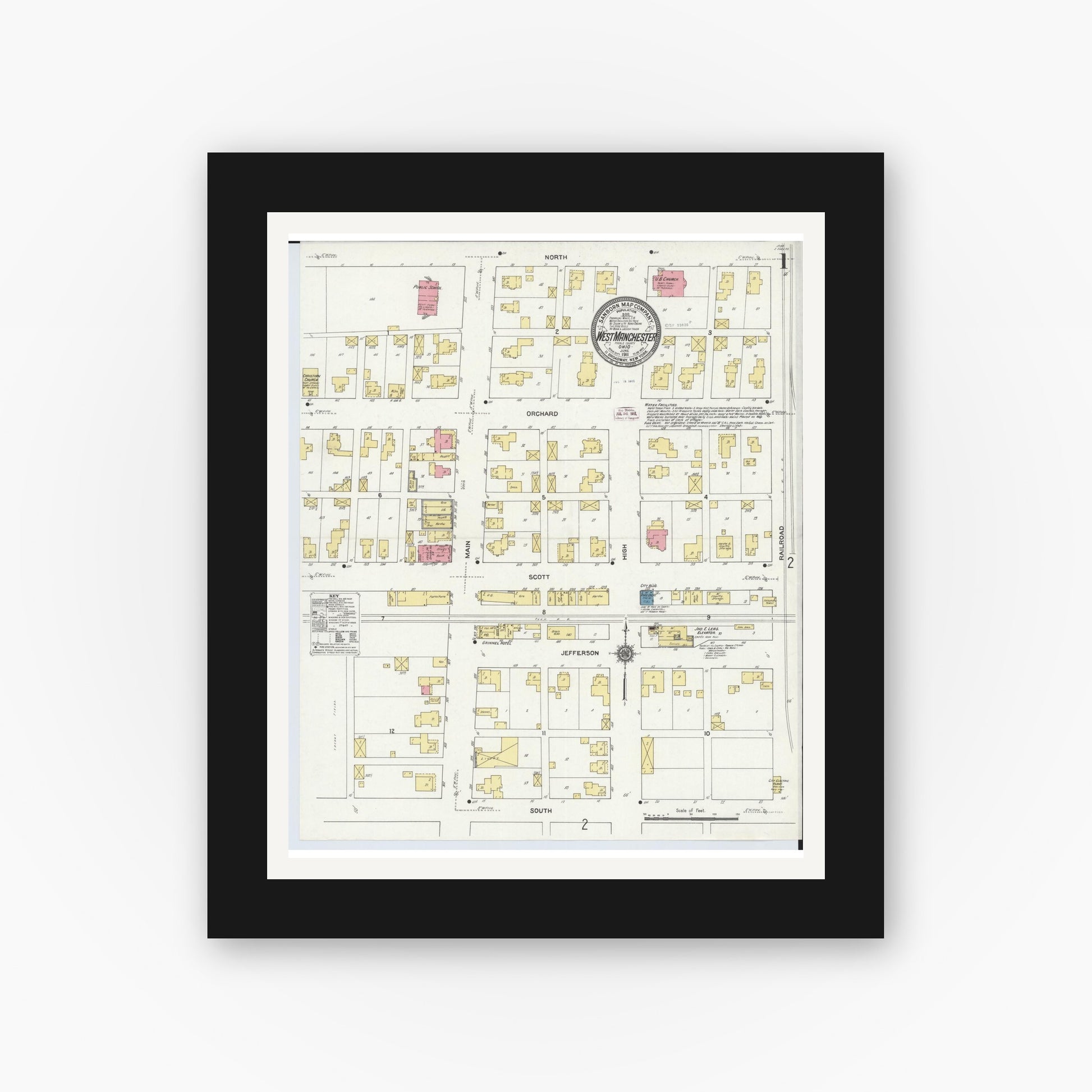 Old map wall art mockup — black gallery frame with white mat — Sanborn Fire Insurance Map from West Manchester, Preble County, Ohio (1911), Sheet #0001