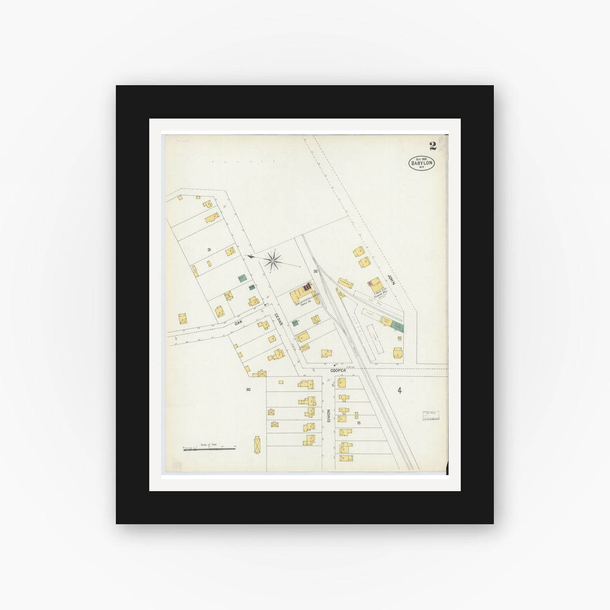 Old map wall art mockup — black gallery frame with white mat — Sanborn Fire Insurance Map from Babylon, Suffolk County, New York (1902), Sheet #0002