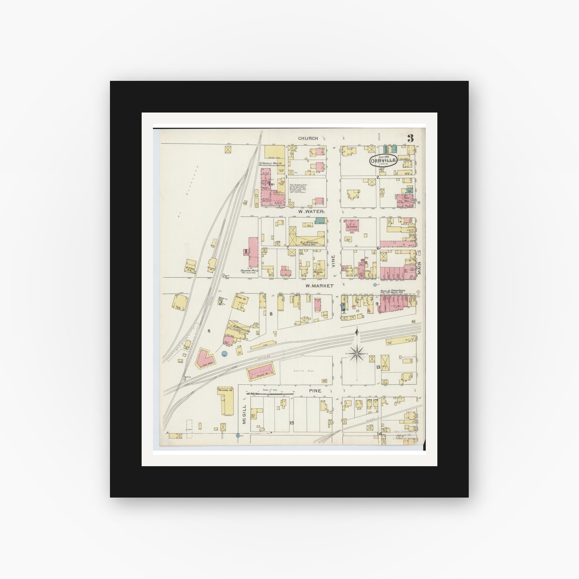 Old map wall art mockup — black gallery frame with white mat — Sanborn Fire Insurance Map from Orrville, Wayne County, Ohio (1893), Sheet #0003
