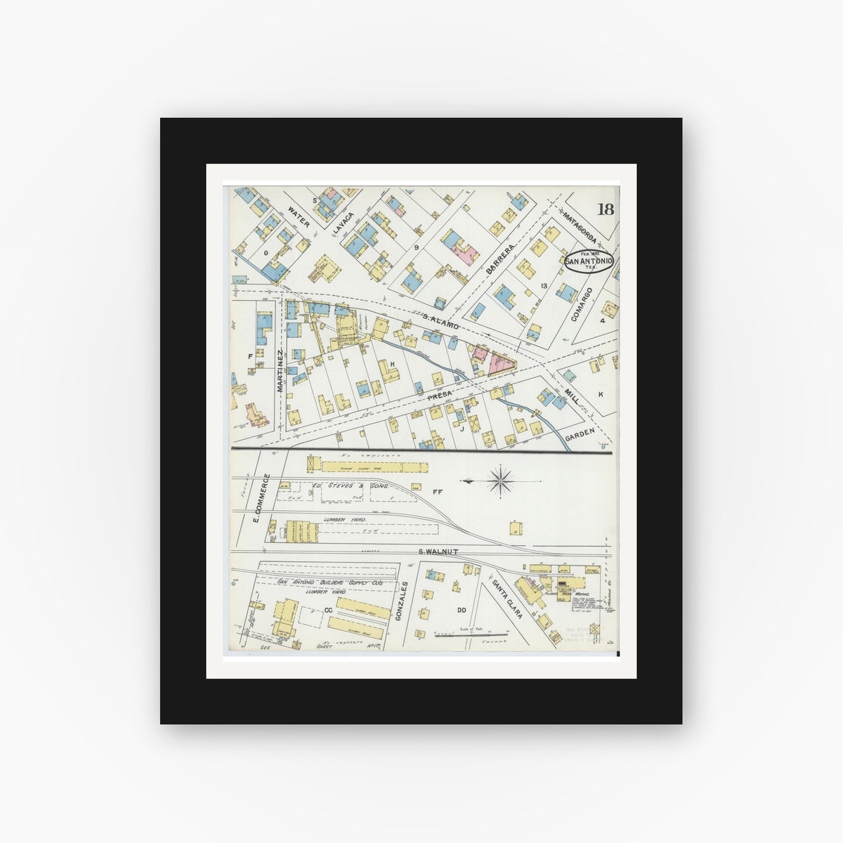 Old map wall art mockup — black gallery frame with white mat — Sanborn Fire Insurance Map from San Antonio, Bexar County, Texas (1892), Sheet #0018