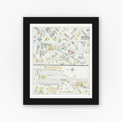 Old map wall art mockup — black gallery frame with white mat — Sanborn Fire Insurance Map from San Antonio, Bexar County, Texas (1892), Sheet #0018