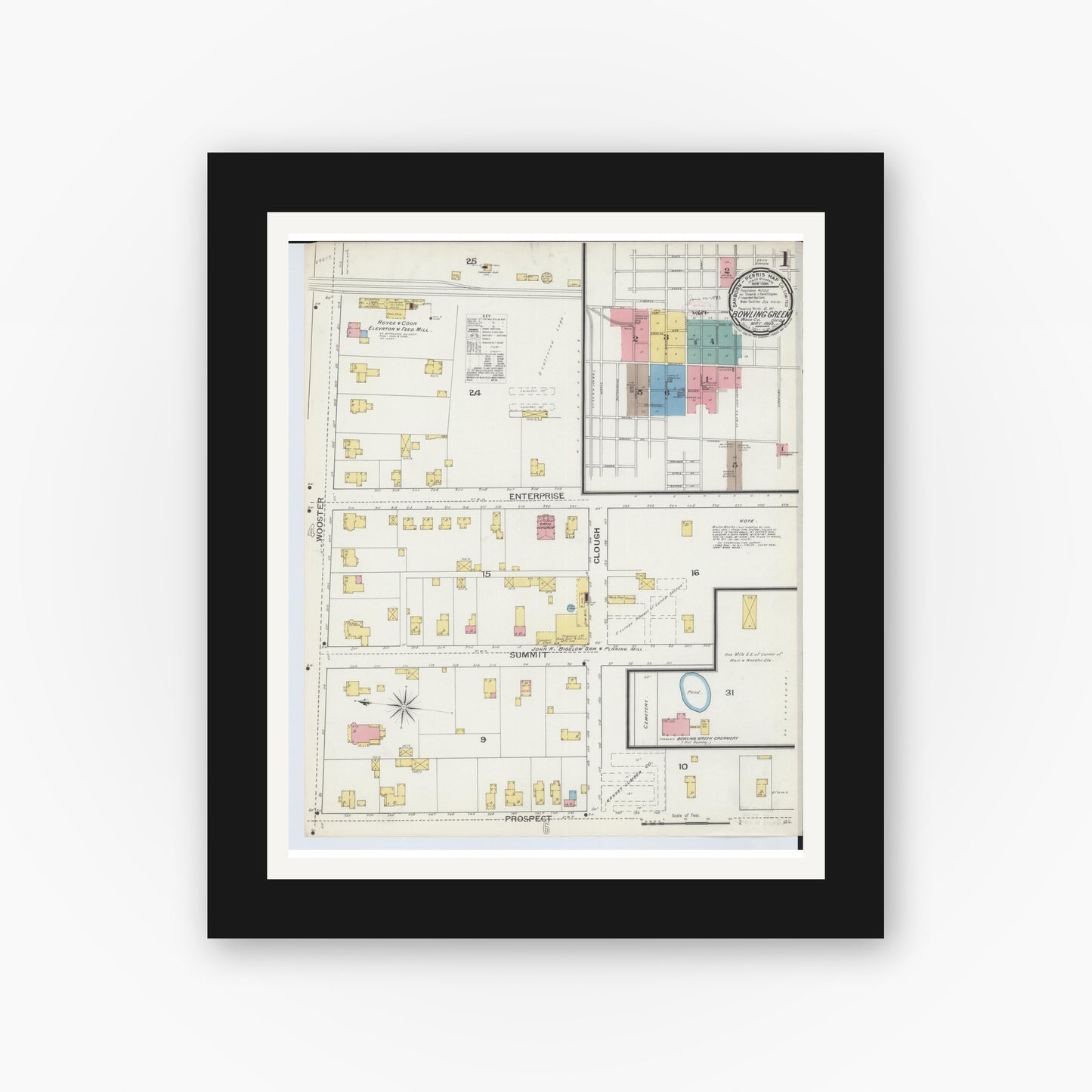 Old map wall art mockup — black gallery frame with white mat — Sanborn Fire Insurance Map from Bowling Green, Wood County, Ohio (1893), Sheet #0001