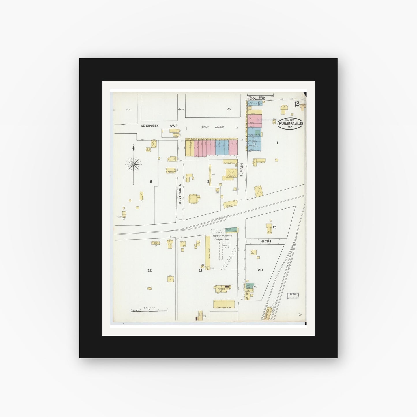 Old map wall art mockup — black gallery frame with white mat — Sanborn Fire Insurance Map from Farmersville, Collin County, Texas (1892), Sheet #0002