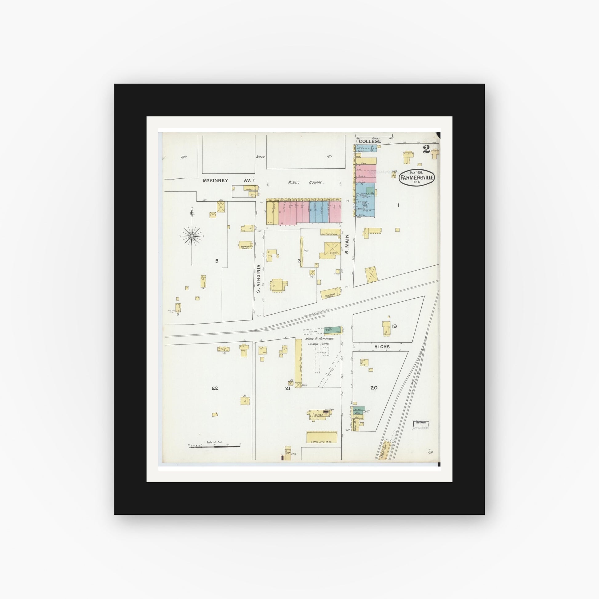 Old map wall art mockup — black gallery frame with white mat — Sanborn Fire Insurance Map from Farmersville, Collin County, Texas (1892), Sheet #0002