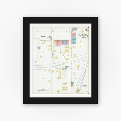 Old map wall art mockup — black gallery frame with white mat — Sanborn Fire Insurance Map from Farmersville, Collin County, Texas (1892), Sheet #0002