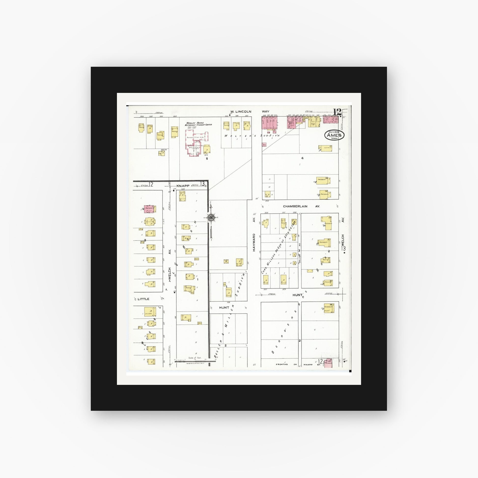 Old map wall art mockup — black gallery frame with white mat — Sanborn Fire Insurance Map from Ames, Story County, Iowa (1920), Sheet #0012