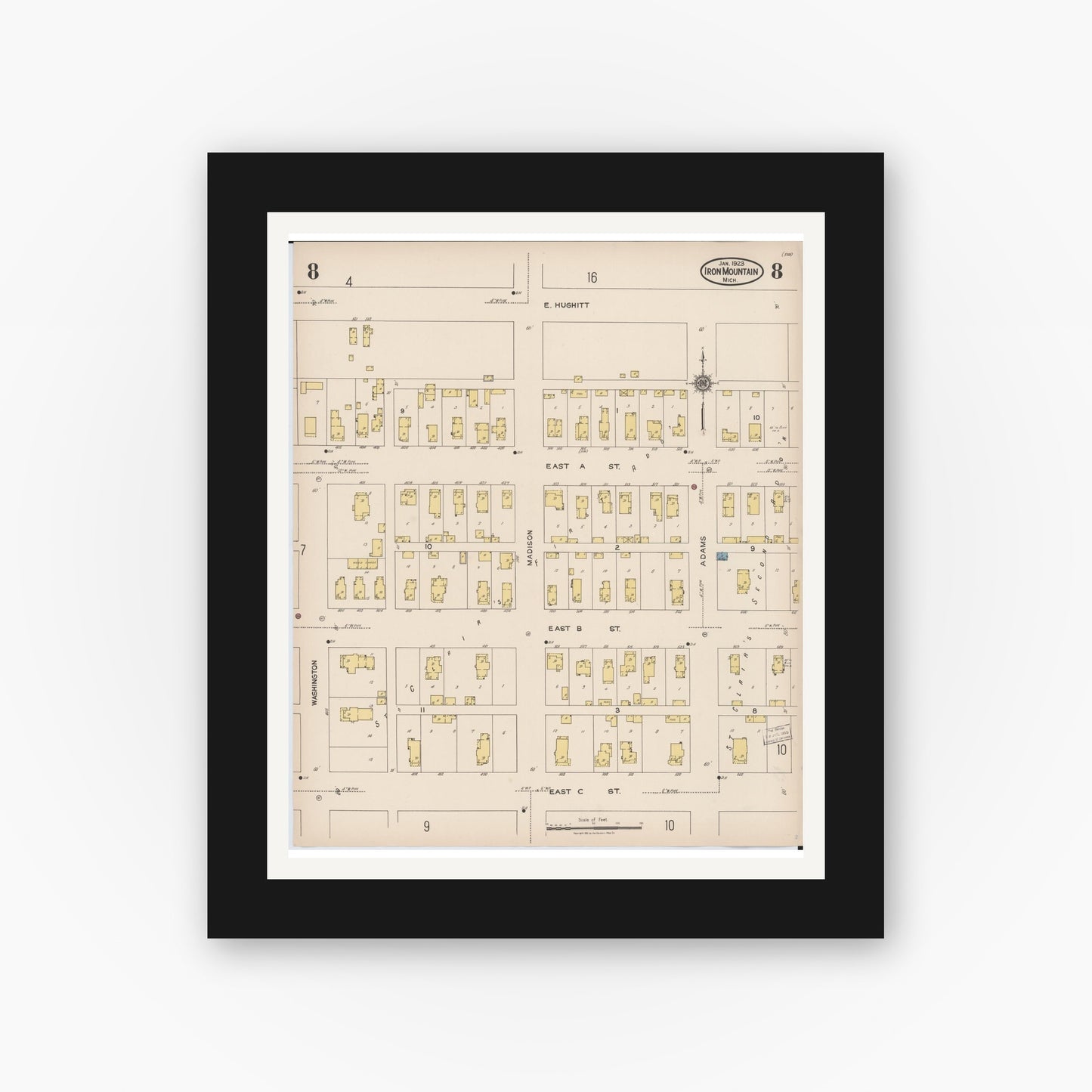 Old map wall art mockup — black gallery frame with white mat — Sanborn Fire Insurance Map from Iron Mountain, Dickinson County, Michigan (1923), Sheet #0008