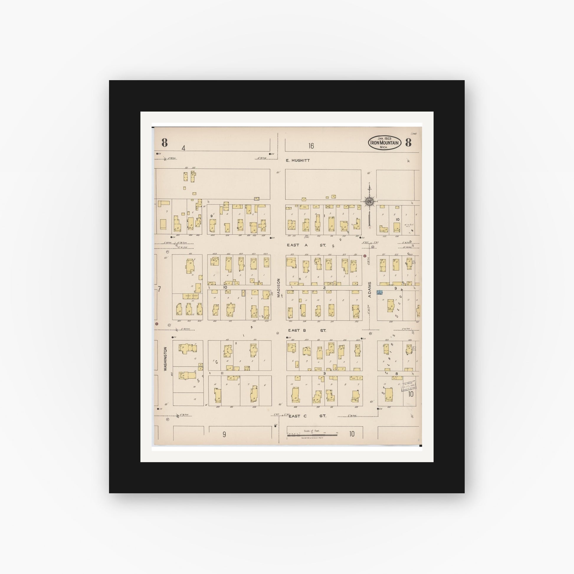 Old map wall art mockup — black gallery frame with white mat — Sanborn Fire Insurance Map from Iron Mountain, Dickinson County, Michigan (1923), Sheet #0008