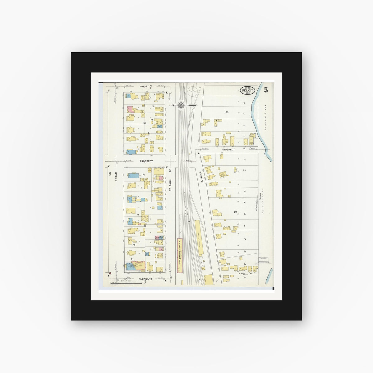 Old map wall art mockup — black gallery frame with white mat — Sanborn Fire Insurance Map from Beloit, Rock County, Wisconsin (1915), Sheet #0005