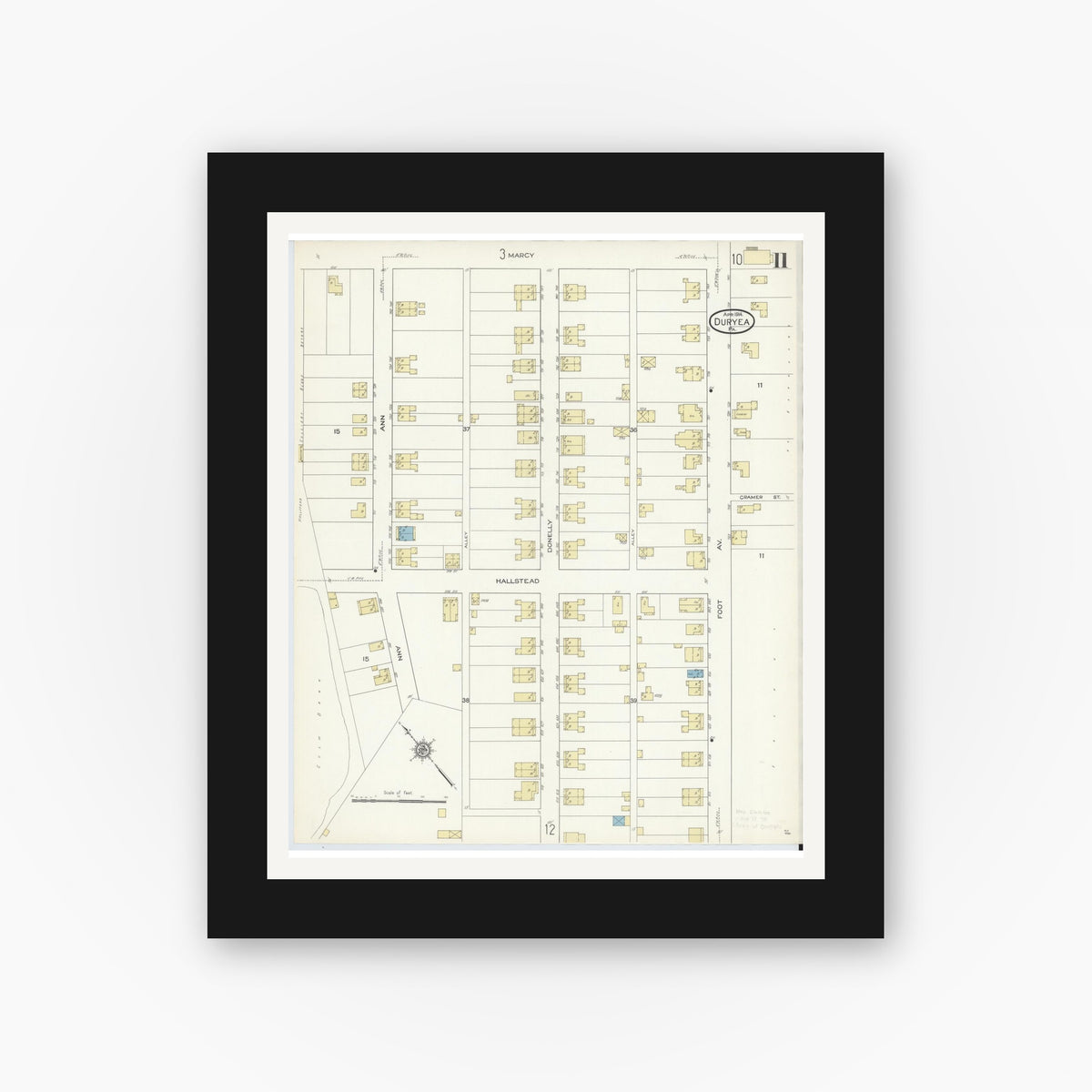 Old map wall art mockup — black gallery frame with white mat — Sanborn Fire Insurance Map from Duryea, Luzerne County, Pennsylvania (1914), Sheet #0011