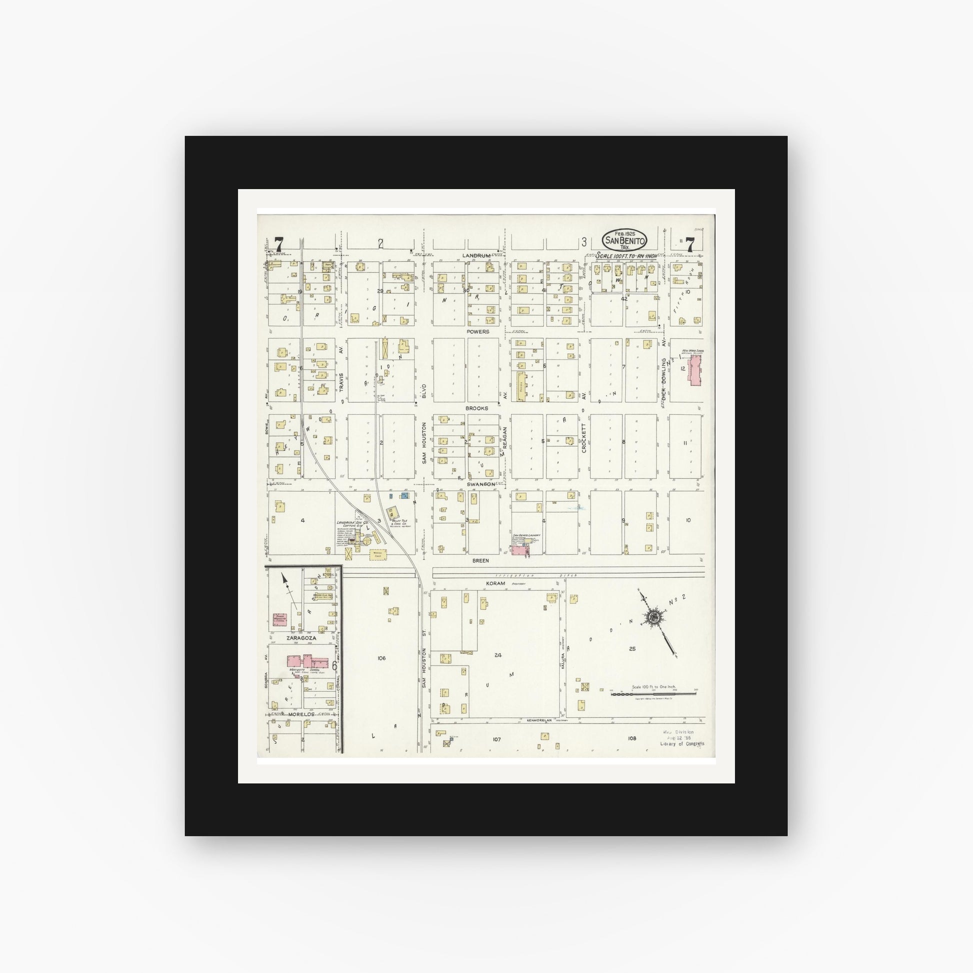 Old map wall art mockup — black gallery frame with white mat — Sanborn Fire Insurance Map from San Benito, Cameron County, Texas (1925), Sheet #0007
