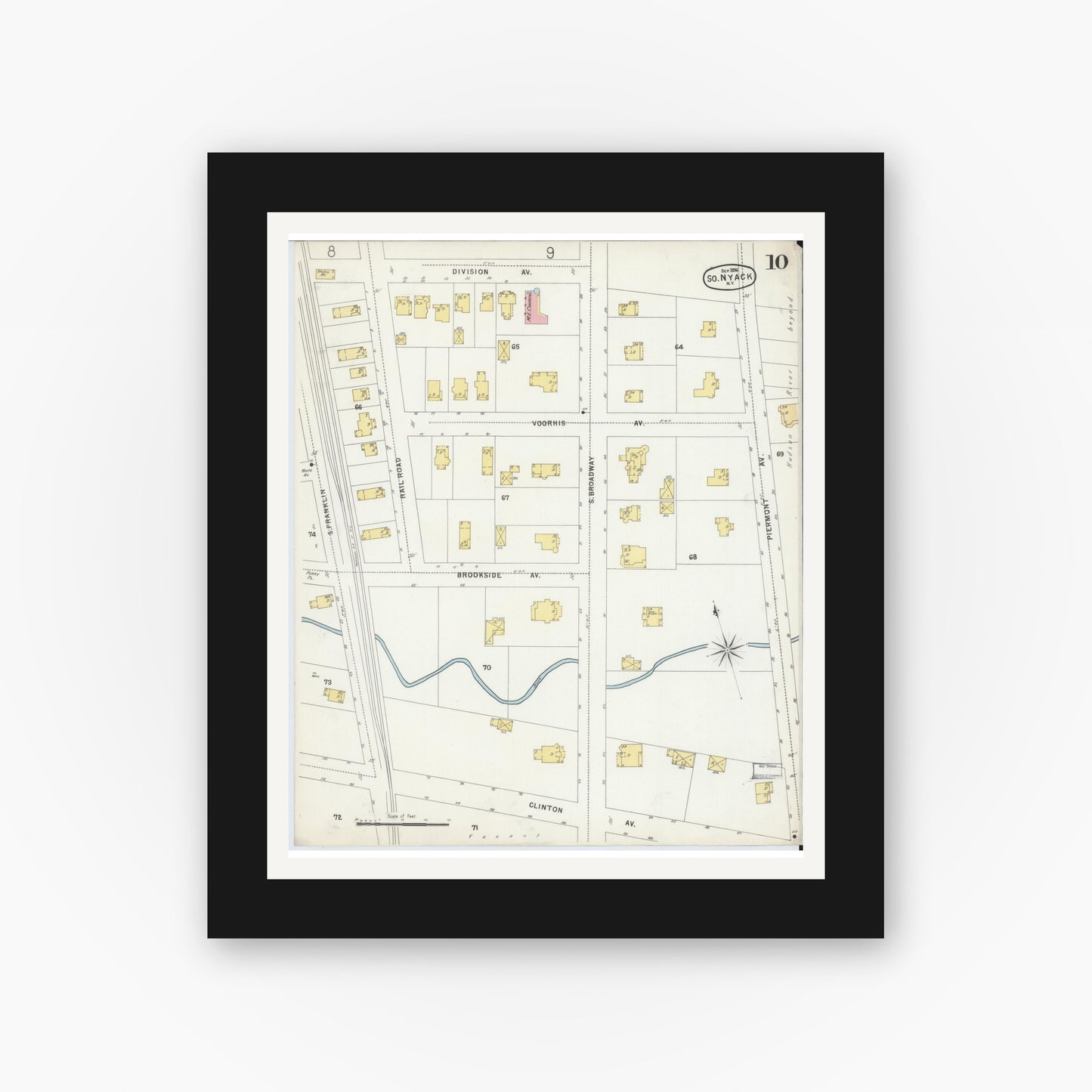 Old map wall art mockup — black gallery frame with white mat — Sanborn Fire Insurance Map from Nyack, Rockland County, New York. (1896), Sheet #0010