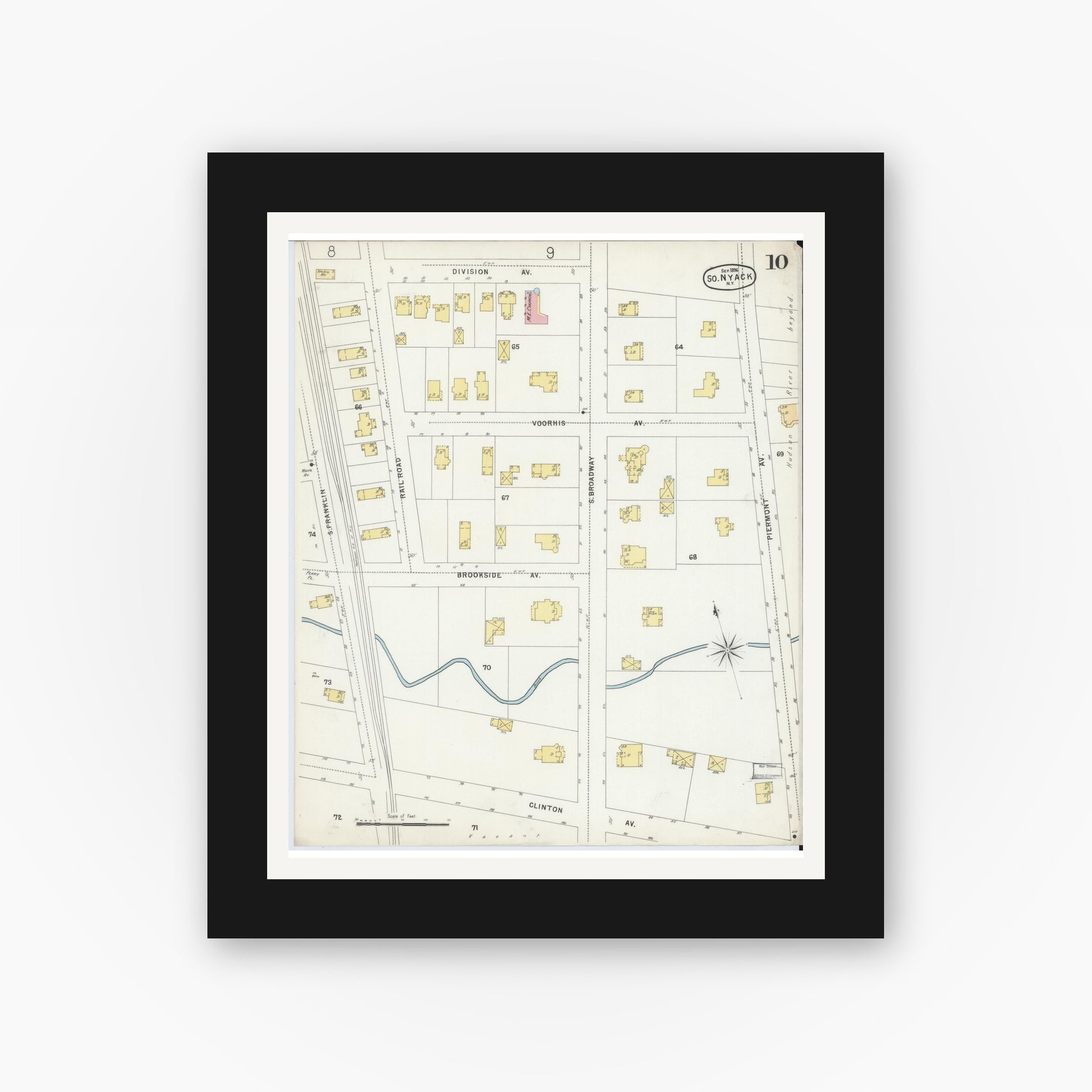 Old map wall art mockup — black gallery frame with white mat — Sanborn Fire Insurance Map from Nyack, Rockland County, New York. (1896), Sheet #0010