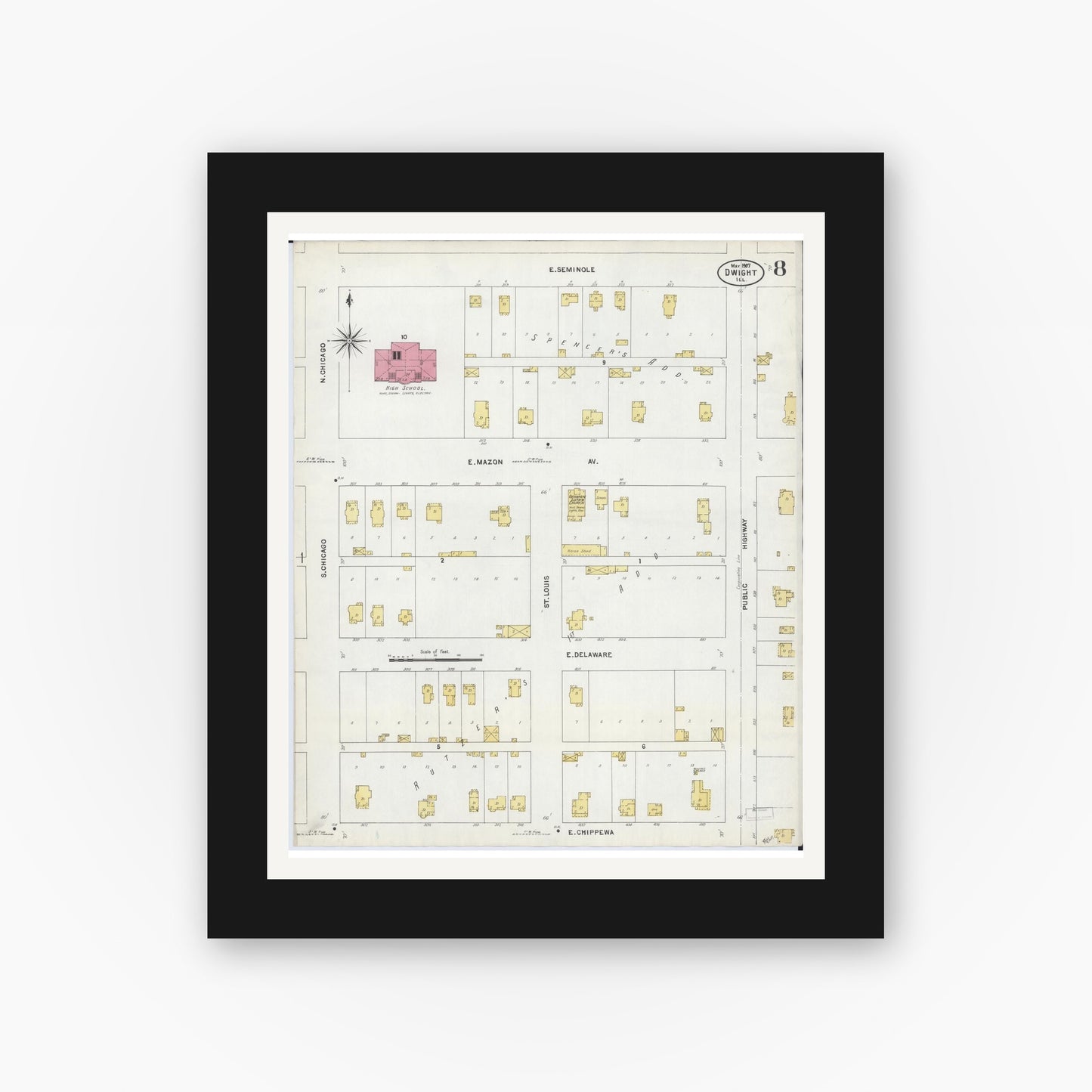 Old map wall art mockup — black gallery frame with white mat — Sanborn Fire Insurance Map from Dwight, Livingston County, Illinois (1907), Sheet #0008