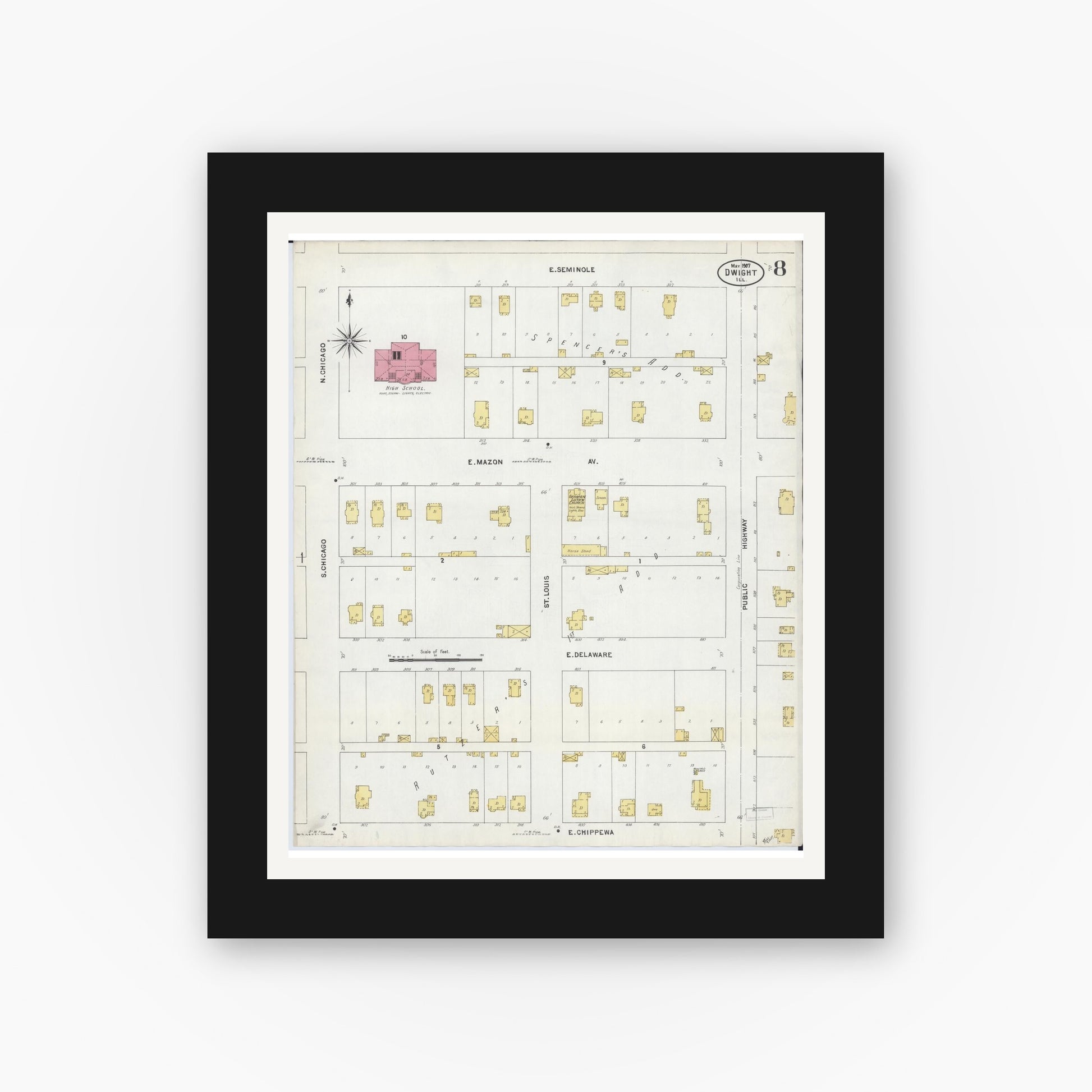 Old map wall art mockup — black gallery frame with white mat — Sanborn Fire Insurance Map from Dwight, Livingston County, Illinois (1907), Sheet #0008