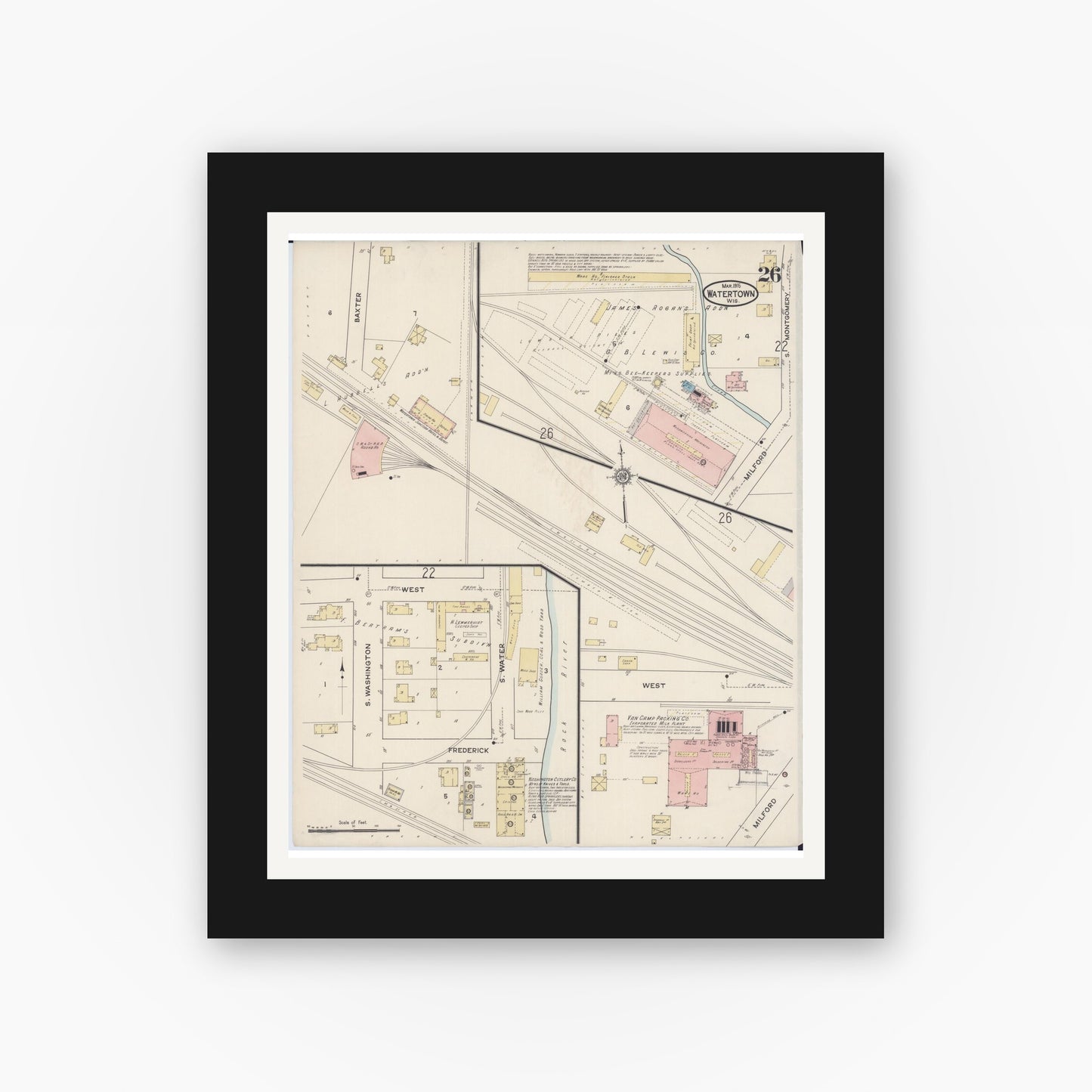 Old map wall art mockup — black gallery frame with white mat — Sanborn Fire Insurance Map from Watertown, Jefferson County, Wisconsin (1915), Sheet #0027
