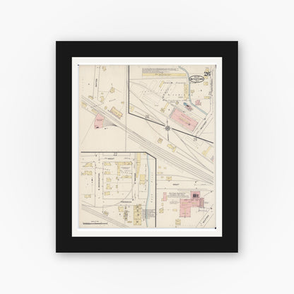 Old map wall art mockup — black gallery frame with white mat — Sanborn Fire Insurance Map from Watertown, Jefferson County, Wisconsin (1915), Sheet #0027