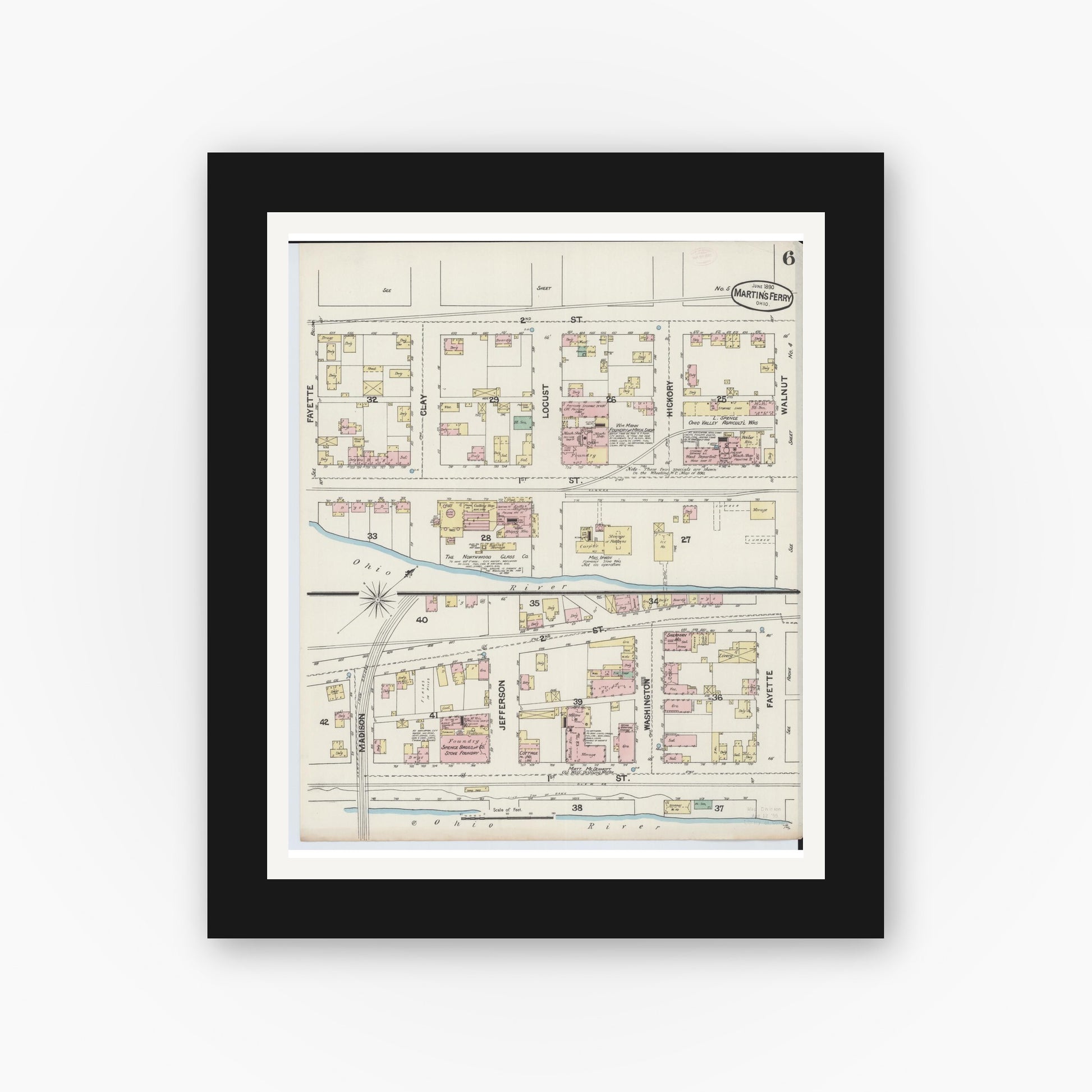 Old map wall art mockup — black gallery frame with white mat — Sanborn Fire Insurance Map from Martins Ferry, Belmont County, Ohio (1890), Sheet #0006