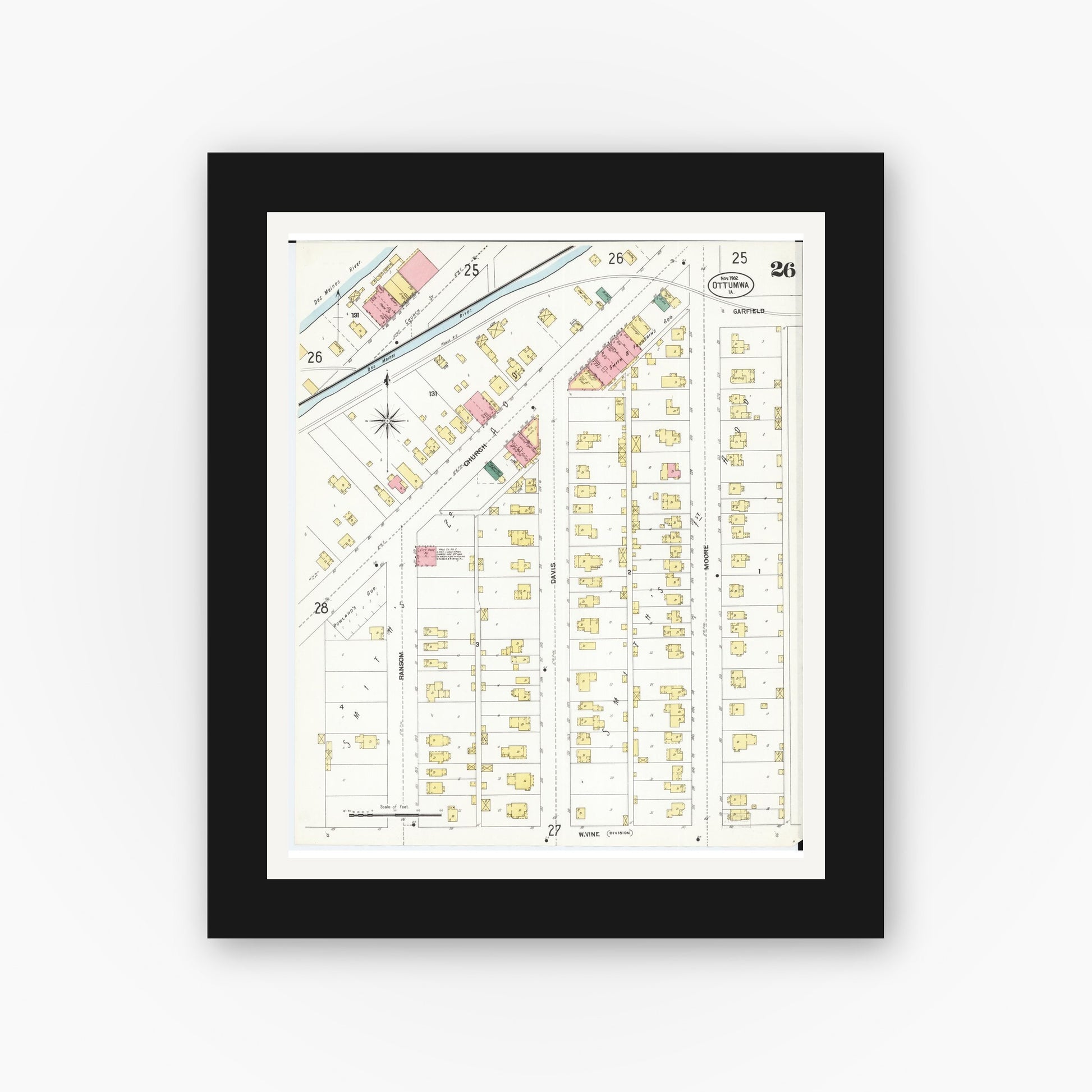 Old map wall art mockup — black gallery frame with white mat — Sanborn Fire Insurance Map from Ottumwa, Wapello County, Iowa (1902), Sheet #0026