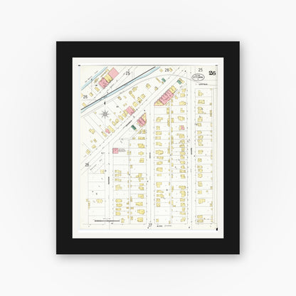 Old map wall art mockup — black gallery frame with white mat — Sanborn Fire Insurance Map from Ottumwa, Wapello County, Iowa (1902), Sheet #0026